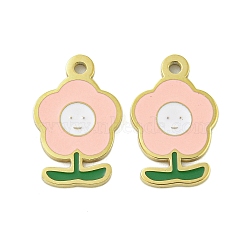 304 Stainless Steel Charms, with Enamel, Flower with Smiling Face Charm, Real 14K Gold Plated, Pink, 13x8x1mm, Hole: 1mm(STAS-L022-435G-01)