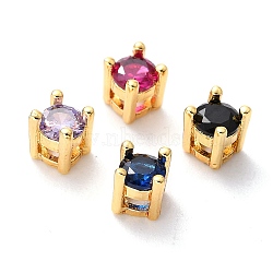 Brass inlaid Cubic Zirconia Slide Charms, Real 18K Gold Plated, Flat Round, Mixed Color, 4.5x4.5x5mm, Hole: 1x1.5mm(X-ZIRC-F125-02-G)