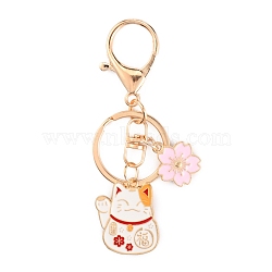 Chinese Style Alloy Enamel Keychains, with Iron Lobster Clasp and Rings, Cat with Flower, WhiteSmoke, 9.15cm(KEYC-WH0027-44B)