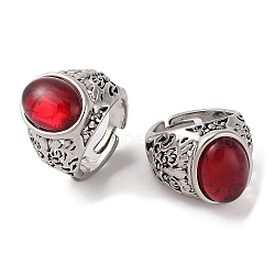 Oval Resin Finger Ring, Alloy Wide Open Cuff Rings, Antique Silver, Cadmium Free & Lead Free, FireBrick, 19mm, Inner Diameter: Adjustable(RJEW-B107-12AS-02)