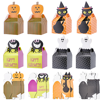 32Pcs 4 Styles Halloween Themed Paper Candy Boxes, Square with Ghost/Cat/Spider/Pumpking Pattern, Mixed Color, 8.8x8.8x16~18.5cm, unfolded: 26.5~27.3x18.1~18.4x0.08cm, 8pcs/style