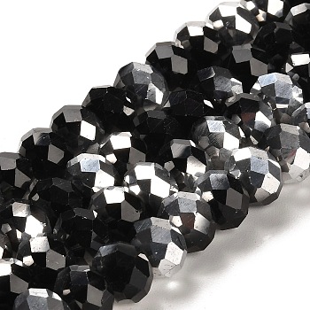 Electroplate Glass Beads Strands, Half Silver Plated, Faceted, Rondelle, Black, 12x8mm, Hole: 1mm, about 72pcs/strand, 23 inch