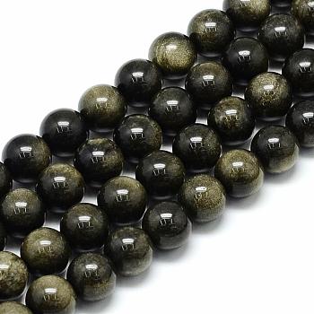 Natural Golden Sheen Obsidian Beads Strands, Round, 6x6mm, Hole: 1mm, about 62pcs/strand, 15.5 inch