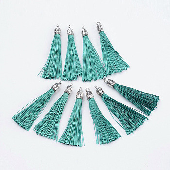 Nylon Tassels Big Pendant Decorations, with Antique Silver Alloy Findings, Turquoise, 55~67x7mm, Hole: 2mm