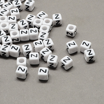 Large Hole Acrylic Letter European Beads, Horizontal Hole, White & Black, Cube with Letter, Letter.Z, 8x8x8mm, Hole: 4mm, about 1144pcs/500g
