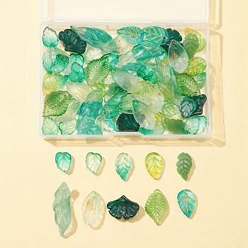 10 Style Transparent Glass Pendants, with Glitter Powder, Leaf, Mixed Color, 13.5~34x10~20x2.9~4.5mm, Hole: 1~1.5mm, 80pcs/box