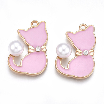 Alloy Enamel Kitten Pendants, Cadmium Free & Lead Free, with Rhinestone and ABS Plastic Imitation Pearl, Cat with Bowknot Shape, Light Gold, Crystal, Pearl Pink, 30x20x9mm, Hole: 2mm