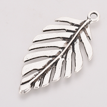 Tibetan Style Alloy Pendants, Leaf, Cadmium Free & Nickel Free & Lead Free, Antique Silver, 47x23x2mm, Hole: 2mm, about 270pcs/1000g