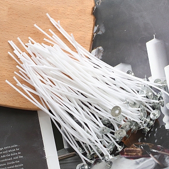 Pre-Waxed Cotton Core Wicks, with Metal Sustainer Tabs, for DIY Candle Making, White, 12~12.5x0.15cm, about 100pcs/bag