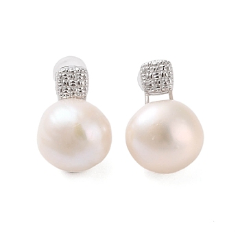 925 Sterling Silver Studs Earring, with Natural Pearl, Platinum, 17x12mm