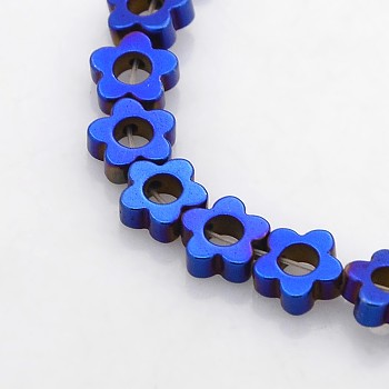 Electroplate Non-magnetic Synthetic Hematite Beads Strands, Flower/Plum Blossom, Blue Plated, 6x6x2mm, Hole: 1mm, Inner Diameter: 2mm, about 72pcs/strand, 15.7 inch