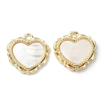 Brass Charms, with Shell, Heart Charm, Real 18K Gold Plated, 12x12x2.5mm, Hole: 1.5mm