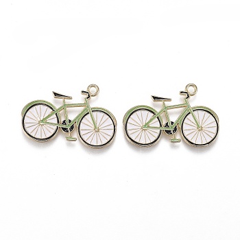 Light Gold Plated Alloy Jewelry Enamel Pendants, Bicycle, Green, Light Gold, 19x25x1.5mm, Hole: 1.8mm