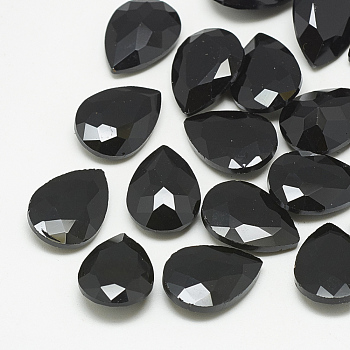 Pointed Back Glass Rhinestone Cabochons, Faceted, teardrop, Jet, 18x13x5mm