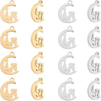 Unicraftale 16Pcs 2 Colors Valentine's Day 304 Stainless Steel Charms, Laser Cut, Moon with Tower & Couple, Mixed Color, 12x8.5x1mm, Hole: 1.2mm, 8pcs/color