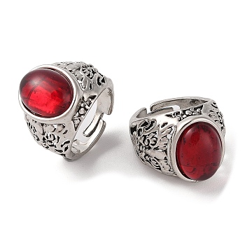 Oval Resin Finger Ring, Alloy Wide Open Cuff Rings, Antique Silver, Cadmium Free & Lead Free, FireBrick, 19mm, Inner Diameter: Adjustable