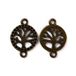 Alloy Pendant Rhinestone Settings, For Pointed Back Rhinestone, Flat Round with Tree, Antique Bronze, Fit for 1.2mm Rhinestone, 19x27.5x1.5mm, Hole: 2.5mm(FIND-WH0108-34AB)