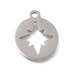 304 Stainless Steel Charms, Round with Star Charms, Polishing, Stainless Steel Color, 14x12x1mm, Hole: 1.4mm(STAS-E532-04P-B)