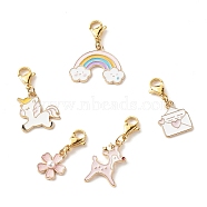 Alloy Enamel Pendant Decorates, Deer & Unicorn & Sakura Flower & Envelope & Rainbow, with 304 Stainless Steel Lobster Claw Clasps, Mixed Color, 27~29mm(X1-HJEW-JM00588)
