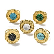 304 Stainless Steel Open Cuff Rings, Synthetic Malachite & Turquoise Flat Round Finger Rings for Women Men, Real 18K Gold Plated, Adjustable(RJEW-C079-16G)