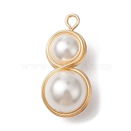 Shell Pearl Copper Wire Wrapped Pendants, Round Charms, Golden, 24x12x10mm, Hole: 1.8mm(PALLOY-TA00108)