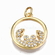Brass Micro Pave Clear Cubic Zirconia Pendants, with Shell and Jump Rings, Cadmium Free & Nickel Free & Lead Free, Flat Round with Crab, Real 16K Gold Plated, 18x15x3mm, Jump Ring: 5x0.8mm, 3.4mm inner diameter(ZIRC-S067-035G-NR)