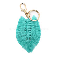 Cotton Tassel Keychain, with Golden Plated Alloy Findings & Iron Key Ring, Feather, Turquoise, 13x6cm(FEAT-PW0001-094C)