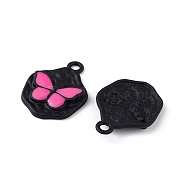 Spray Painted Alloy Pendants, Hexagon with Butterfly Pattern Charm, Black, 23.5x18x3mm, Hole: 2mm(PALLOY-K001-22)