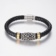 Braided Leather Cord Bracelets, with 304 Stainless Steel Findings and Magnetic Clasps, Black, 8-5/8 inch(220mm), 20x11.5mm(BJEW-H560-33)