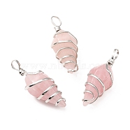 Natural Rose Quartz Pendants, with Platinum Tone Copper Wire Wrapped, Cadmium Free & Lead Free, Faceted Cone, 42~47x15~17x15~17.5mm, Hole: 5~7mm(G-D458-05P-04-RS)