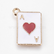 Alloy Enamel Pendants, Playing Card with Hearts, Golden, Red, 19x14x1.2mm, Hole: 1.7mm(X-ENAM-O035-19G-B)