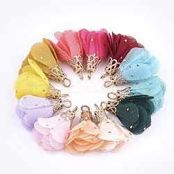 Iron Pendants, with Chiffon, Flower, Golden, Mixed Color, 23~28x20~30mm, Hole: 1~3mm(FIND-T033-05)