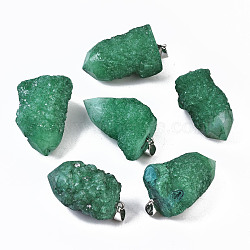 Rough Raw Electroplate Natural Druzy Agate Pendants, with Platinum Tone Iron Pinch Bail, Dyed, Nuggets, Green, 32~40x21~25x18~21mm, Hole: 7x4mm(G-S359-274B)