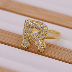 Brass Micro Pave Clear Cubic Zirconia Initial Cuff Rings, Golden, Letter R, Inner Diameter: Adjustable(FS-WGB210B-18)