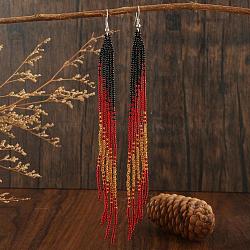 Bohemian Style Tassel Dangle Earrings, with Geometric Glass Beads Handmade, Platinum, Red, 110x11mm(BA7558-3)