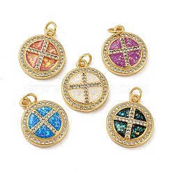Brass Micro Pave Cubic Zirconia, with Synthetic Opal Pendants, with Jump Rings, Real 18K Gold Plated, Flat Round with Cross, Mixed Color, 18x15.5x3.5mm, Hole: 3.5mm(KK-K356-13G)