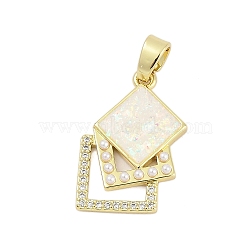 Brass Micro Pave Clear Cubic Zirconia Pendants, Square, with Synthetic Opal and ABS Plastic Imitation Pearl, Long-Lasting Plated, Rack Plating, Lead Free & Cadmium Free, Real 18K Gold Plated, 22.5x15.5x3mm, Hole: 3.5x5.5mm(KK-I723-17G)