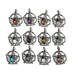 Natural & Synthetic Mixed Gemstone Pendants, Alloy Pentagram with Spider Charms, Antique Silver, 44.5x39x7mm, Hole: 7.5x6.5mm(G-P547-05AS)