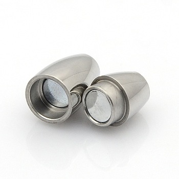 304 Stainless Steel Smooth Surface Magnetic Clasps with Glue-in Ends Fit 4mm Cords, Oval, Stainless Steel Color, 17x8mm