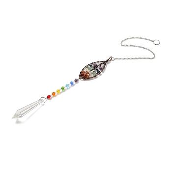 Chakra Theme Gemstone Pendant Decoration, Hanging Suncatcher, with Brass Rings, Horse Eye Alloy Frame and Iron Findings, Bullet, Colorful, 447x2mm, Hole: 10mm