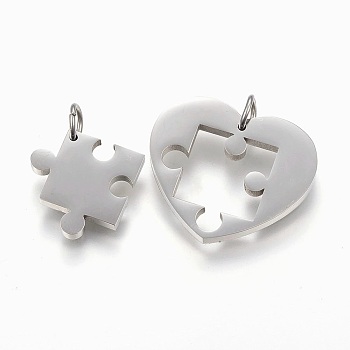 304 Stainless Steel Split Pendants, Heart with Puzzle, Stainless Steel Color, 24x28x2.5mm, Hole: 5mm, 17.5x17.5x2.5mm, Hole: 5mm