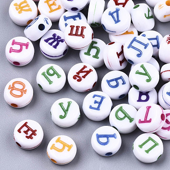 Craft Style Acrylic Beads, Flat Round with Mixed Russian Alphabet, Mixed Color, 7x4mm, Hole: 1.5mm, about 3650pcs/500g
