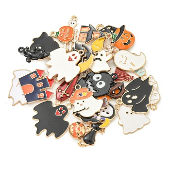 Halloween Theme Alloy Enamel Pendants, Mixed Shapes, Golden, Mixed Color, 11.5~28x10~34x1~4mm, Hole: 1.4~2.2mm, 26pcs/set