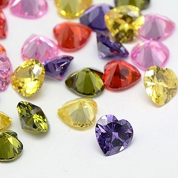 Cubic Zirconia Pointed Back Cabochons, Grade A, Faceted, Heart, Mixed Color, 6x6x3.6mm