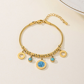 Fashionable Casual Stainless Sterl & Resin Roman Circle Charm Bracelets for Women, Real 18K Gold Plated,, 6-1/8 inch(15.5cm)