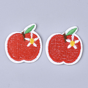 Computerized Embroidery Cloth Iron On Patches, Costume Accessories, Appliques, Apple, Red, 37x35x2mm