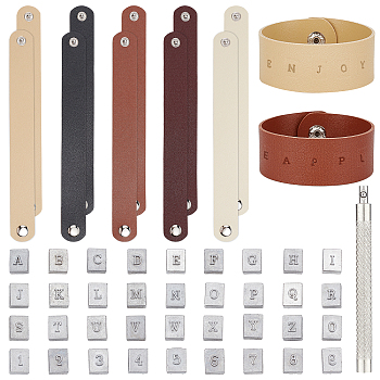 Elite DIY Number Letter Pattern Cord Bracelet Making Kits, Including PU Leather Wide Band Cord Bracelet, Leather Stamping Tool Kits, Mixed Color, Cord Bracelet: 10Pcs/bag