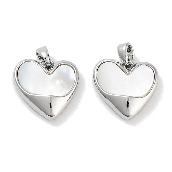Brass Pave Natural Shell Heart Charms, Platinum, 15x15x4.5mm, Hole: 4.5x3mm