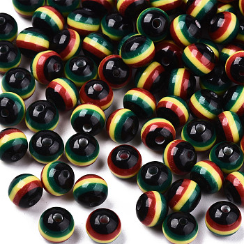 Ghana Jamaica Reggae Stripe Resin Beads, Round, Colorful, 8x7mm, Hole: 1.6mm