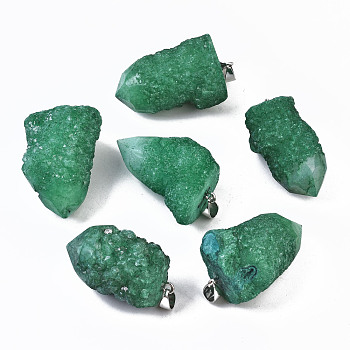 Rough Raw Electroplate Natural Druzy Agate Pendants, with Platinum Tone Iron Pinch Bail, Dyed, Nuggets, Green, 32~40x21~25x18~21mm, Hole: 7x4mm